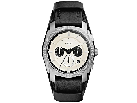 Fossil Men's Machine White Dial, Black Leather Strap Watch