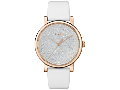 Timex Women's Crystal 38mm Quartz Watch, White Leather Strap
