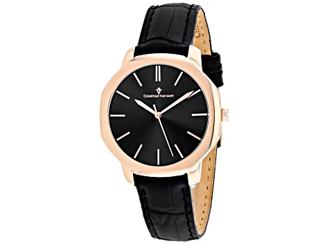 Christian Van Sant Women's Octave Slim Black Dial, Rose Bezel, Black Leather Strap Watch