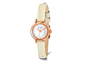 Women's Stainless Steel Rose IP-plated White Leather Strap Watch