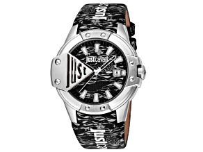 Just Cavalli Women's Scudo Black Dial, Black Leather Strap Watch