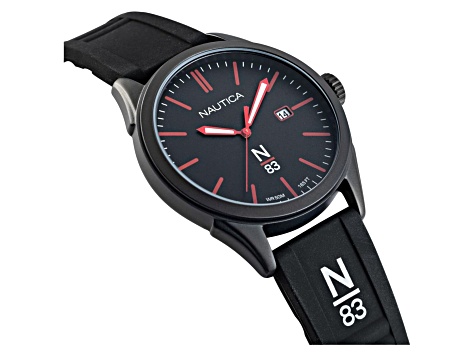 Nautica Hannay Bay Men's 42 Quartz Watch, Black Silicone Strap