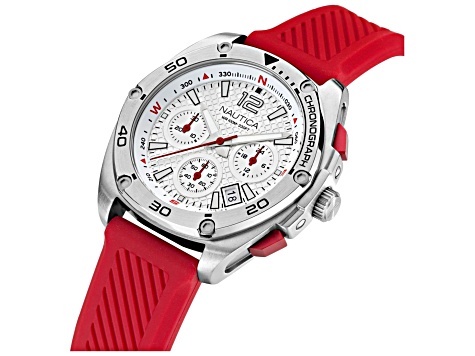 Nautica Tin Can Bay Men's 44mm Quartz Watch, Red Silicone Strap