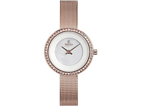 Obaku Women's Denmark White Dial Rose Stainless Steel Mesh Band Watch