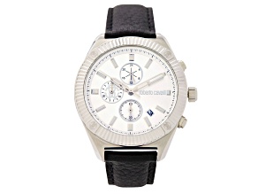 Roberto Cavalli Men's Classic White Dial, Black Leather Strap Watch
