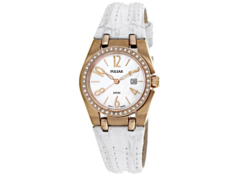 Pulsar Women's Classic Rose Bezel with Crystal Accents White Leather Strap Watch