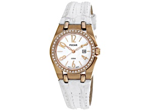 Pulsar Women's Classic Rose Bezel with Crystal Accents White Leather Strap Watch