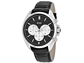 Hugo Boss Men's Classic Black Dial White Bezel Black Leather Strap Watch