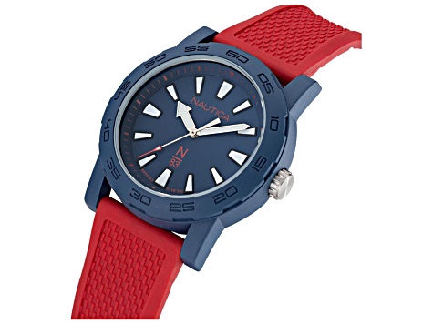 Nautica Ayia Triada Men's 44 Quartz Watch with Red Rubber Strap, Blue Dial
