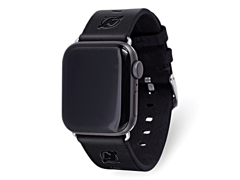 Gametime NHL New Jersey Devils Black Leather Apple Watch Band (42/44mm S/M). Watch not included.