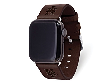 Gametime MLB New York Mets Brown Leather Apple Watch Band (38/40mm S/M). Watch not included.