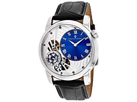 Christian Van Sant Men's Sprocket Auto-Quartz Navy Blue Dial, Black Leather Strap Watch