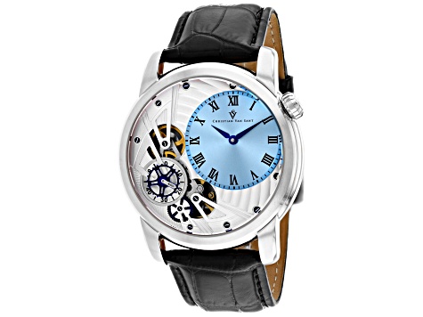 Christian Van Sant Men's Sprocket Auto-Quartz Light Blue Dial, Black Leather Strap Watch