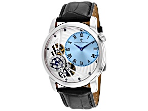 Christian Van Sant Men's Sprocket Auto-Quartz Light Blue Dial, Black Leather Strap Watch