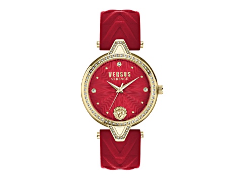 V Versus Crystal Watch 34mm Yellow Case Red Enamel Dial Leather Strap