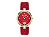 V Versus Crystal Watch 34mm Yellow Case Red Enamel Dial Leather Strap