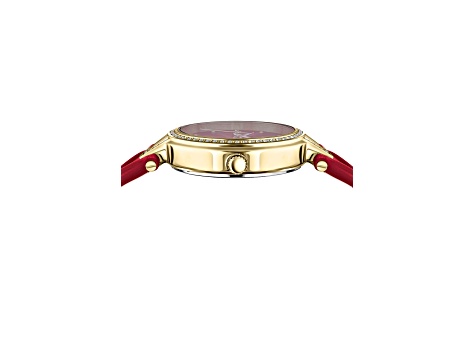 V Versus Crystal Watch 34mm Yellow Case Red Enamel Dial Leather Strap