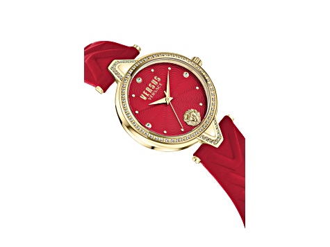 V Versus Crystal Watch 34mm Yellow Case Red Enamel Dial Leather Strap