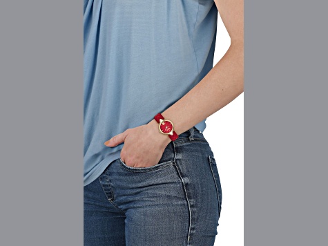 V Versus Crystal Watch 34mm Yellow Case Red Enamel Dial Leather Strap