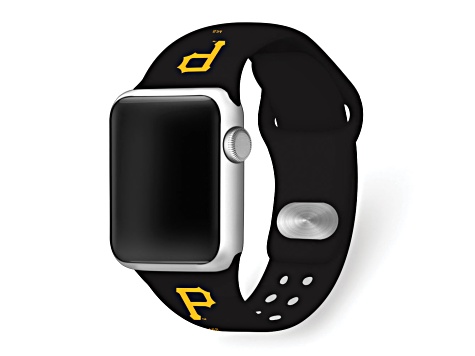 Gametime MLB Pittsburgh Pirates Black Silicone Apple Watch Band (42/44mm M/L). Watch not included.