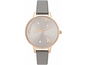 Olivia Burton Women's Pearl Queen Metallic Silver Dial with Rose Accents Gray Leather Strap Watch