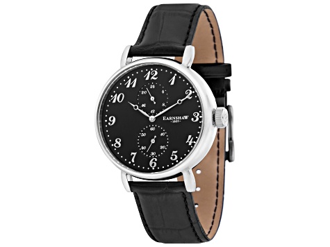 Thomas Earnshaw Men's Grand Legacy 42mm Quartz Black Dial Black Leather Strap Watch