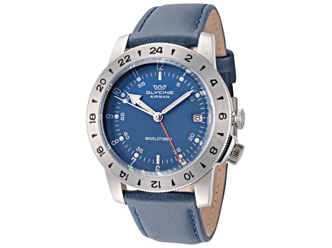 Glycine Men's Airman Worldtimer GMT 40mm Quartz Blue Leather Strap Watch
