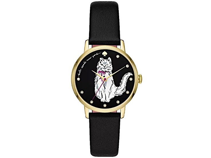 kate spade 黒猫　時計 Kate Spade Metro 34mm Black Leather Strap Black Dial Quartz Watch