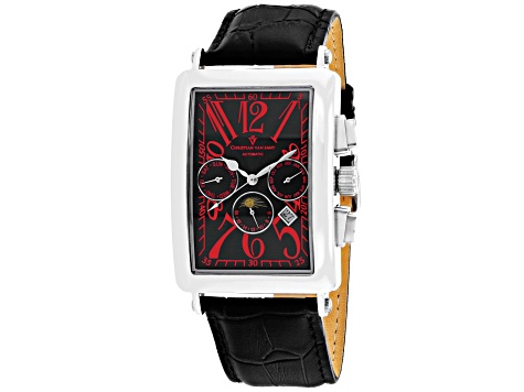 Christian Van Sant Men's Prodigy Black Dial with Red Accents, White Bezel, Black Leather Strap Watch