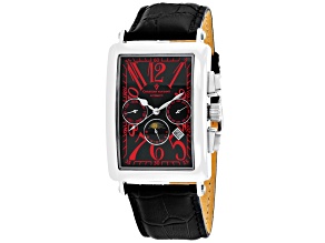 Christian Van Sant Men's Prodigy Black Dial with Red Accents, White Bezel, Black Leather Strap Watch
