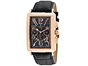 Christian Van Sant Men's Prodigy Black Dial, Rose Accents and Bezel, Black Leather Strap Watch