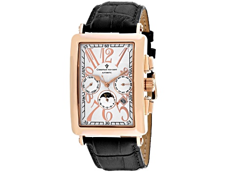 Christian Van Sant Men's Prodigy White Dial, Rose Accents and Bezel, Black Leather Strap Watch
