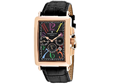 Christian Van Sant Men's Prodigy Black Dial, Multi-color Accents, Rose Bezel, Black Leather Watch