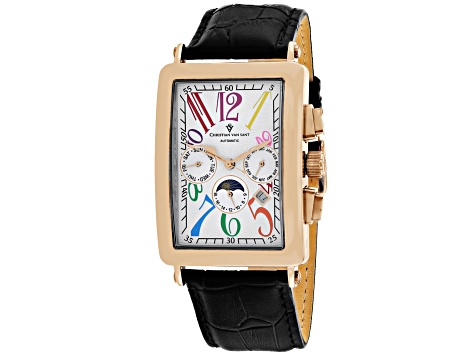 Christian Van Sant Men's Prodigy White Dial, Multi-color Accents, Rose Dial, Black Leather Watch