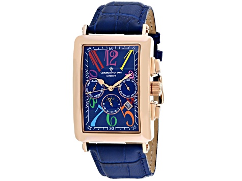 Christian Van Sant Men's Prodigy Blue Dial, Multi-color Accents, Rose Bezel, Blue Leather Watch