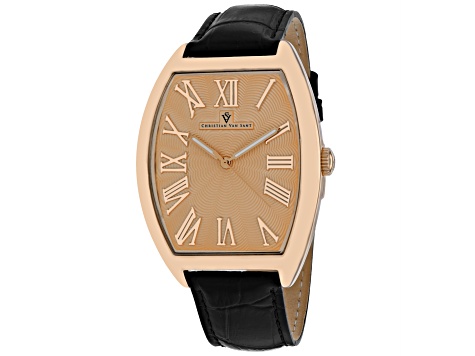 Christian Van Sant Men's Royalty Rose Dial, Black Leather Strap Watch