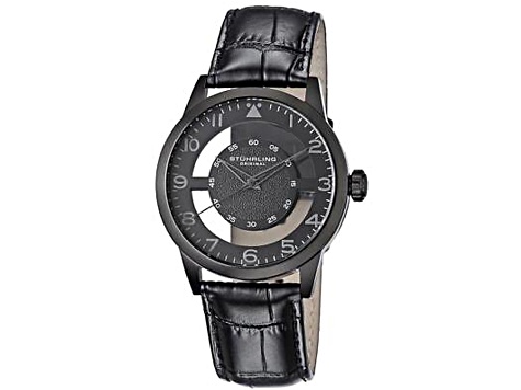 Stuhrling Men's Aviator Black Leather Strap Watch