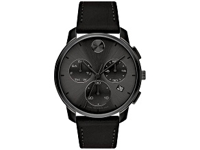 Movado Men's Bold Thin Black Dial, Black Leather Strap Watch