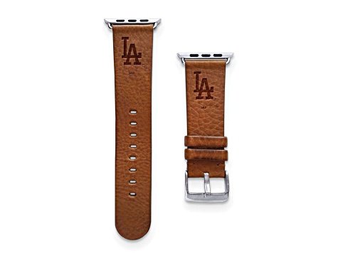 Gametime MLB Los Angeles Dodgers Tan Leather Apple Watch Band (42/44mm S/M). Watch not included.