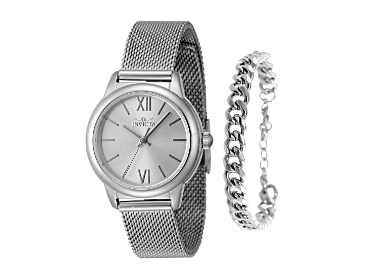Invicta Angel 30mm Stainless Steel Mesh Band Quartz Watch and Bracelet Set