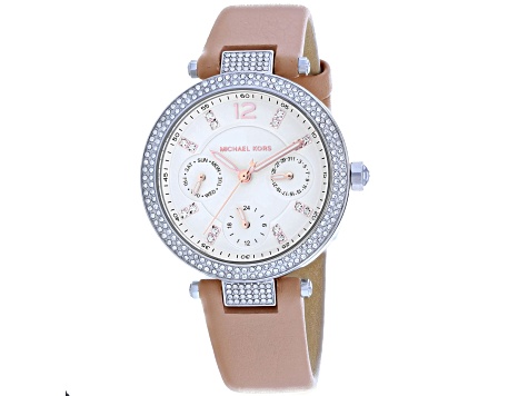 Michael Kors Women's Parker White Dial, Brown Leather Strap Watch