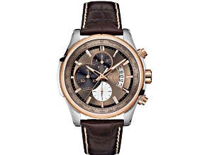 Guess Men's Classic Brown Dial Rose Bezel Brown Leather Strap Watch