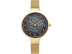 Obaku Women's Classic Black Mother-Of-Pearl Dial Yellow Stainless Steel Mesh Band Watch