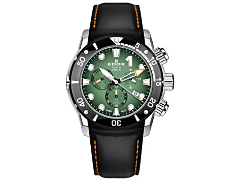 Edox Men CO-1 45mm Quartz Watch with Black Leather Strap, Green Dial