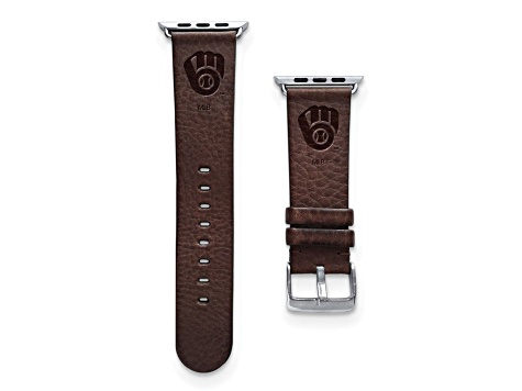 Gametime MLB Milwaukee Brewers Brown Leather Apple Watch Band (42/44mm S/M). Watch not included.
