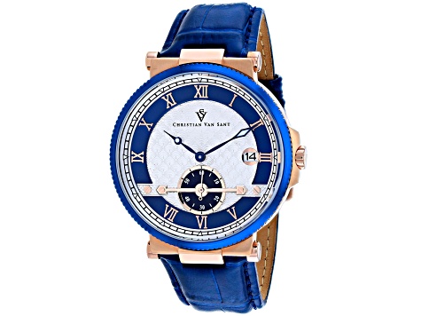 Christian Van Sant Men's Clepsydra Blue Dial and Bezel, Blue Leather Strap Watch