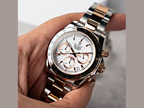 Duxot Accelero White Dial Rose Bezel Two-tone Stainless Steel Band