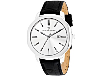 Picture of Christian Van Sant Men's Octavius Slim White Dial, Black Leather Strap Watch
