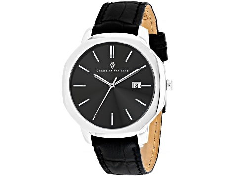 Christian Van Sant Men's Octavius Slim Black Dial, White Bezel, Black Leather Strap Watch