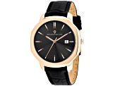 Christian Van Sant Men's Octavius Slim Black Dial, Rose Bezel, Black Leather Strap Watch